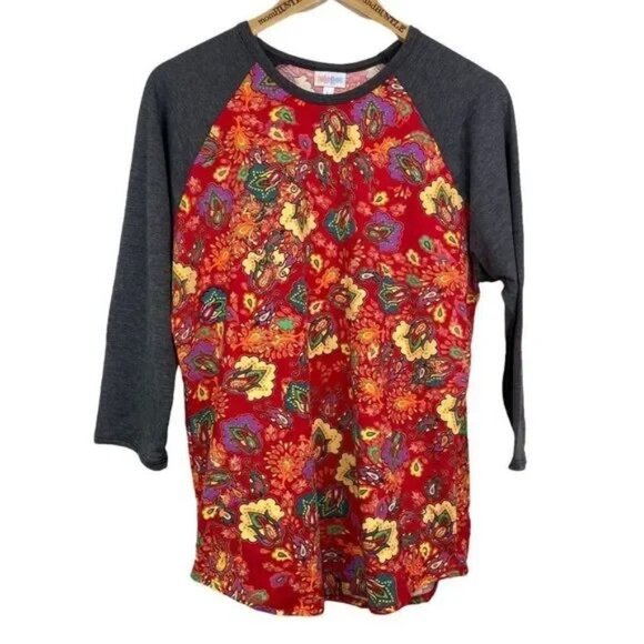LULAROE WOMEN'S RANDY GRAY & FLORAL RAGLAN 3/4 SLEEVE TEE SIZE LARGE (14-16)-EUC - Picture 1 of 3